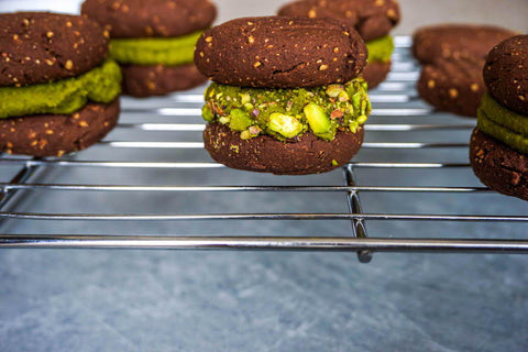 Chocolate Cookie Sandwiches with Matcha Pistachio Cream