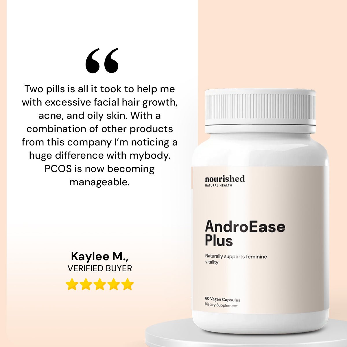 Testimonial for AndroEase Plus — effective support for hormonal acne, excess hair growth, and mood balance
